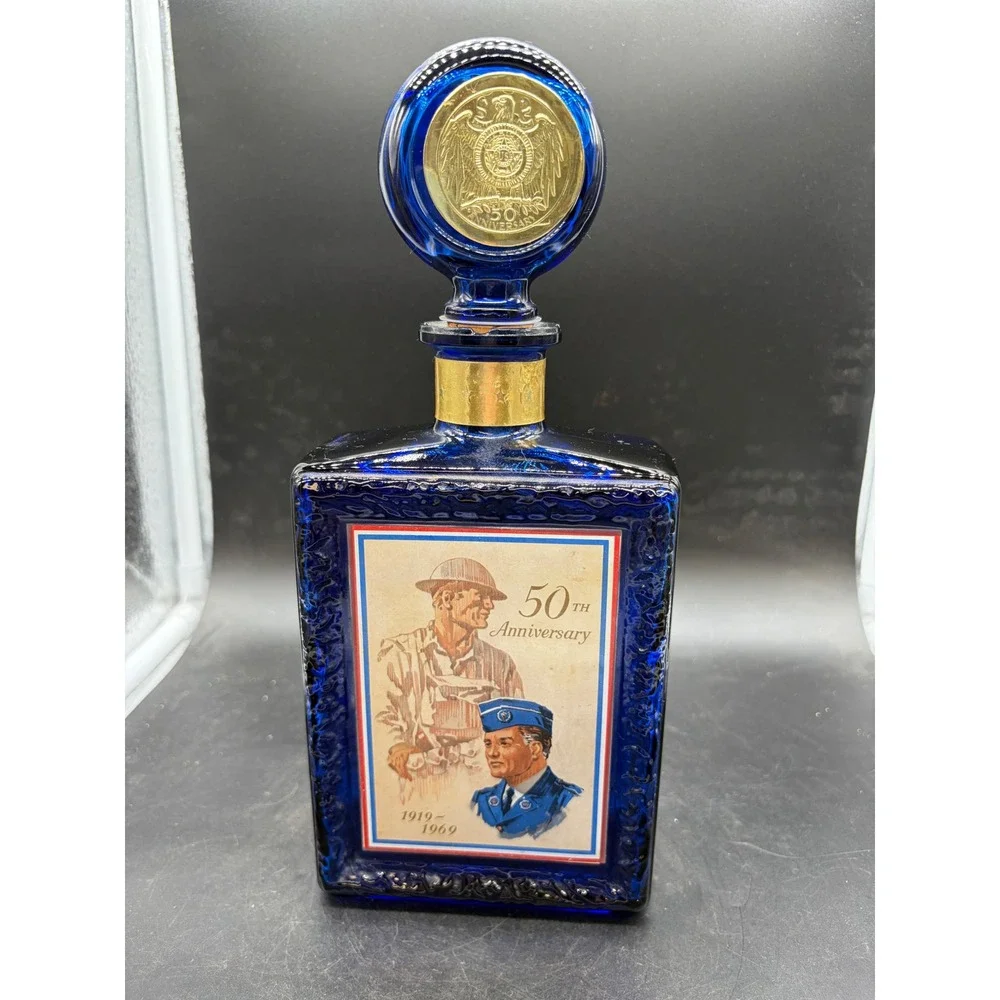 Vintage JW Dant American Legion 50th Anniversary Cobalt Blue Glass Decanter 1969